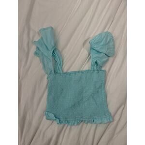 PQ sea blue smocked ruffle preppy flowy short sleeve top